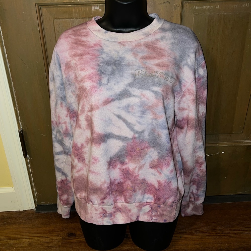 Playboy Gray Pink Tie Dye Crewneck Long Sleeve Cotton Sweatshirt Pullover Size S - Picture 2 of 11